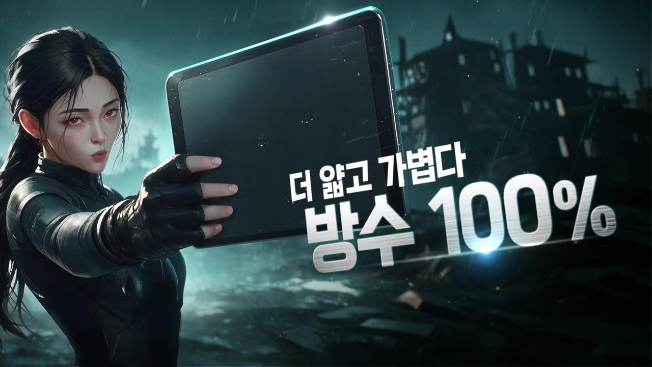 게임 캐릭터가 방수 태블릿을 들고 있는 광고 장면